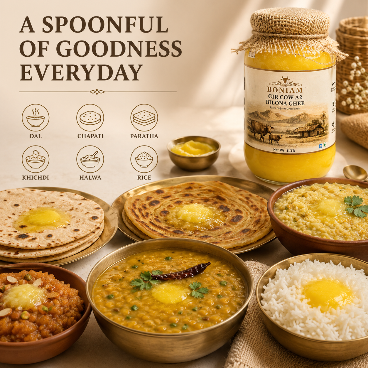 BONIAM A2 Bilona Gir Cow Ghee | Traditionally Handcrafted | Glass Jar