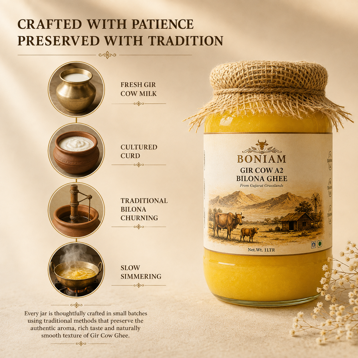 BONIAM A2 Bilona Gir Cow Ghee | Traditionally Handcrafted | Glass Jar